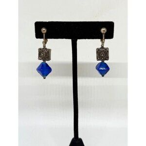 Vintage Silver Tone & Cobalt Blue Beaded Dangle Clip On Earrings